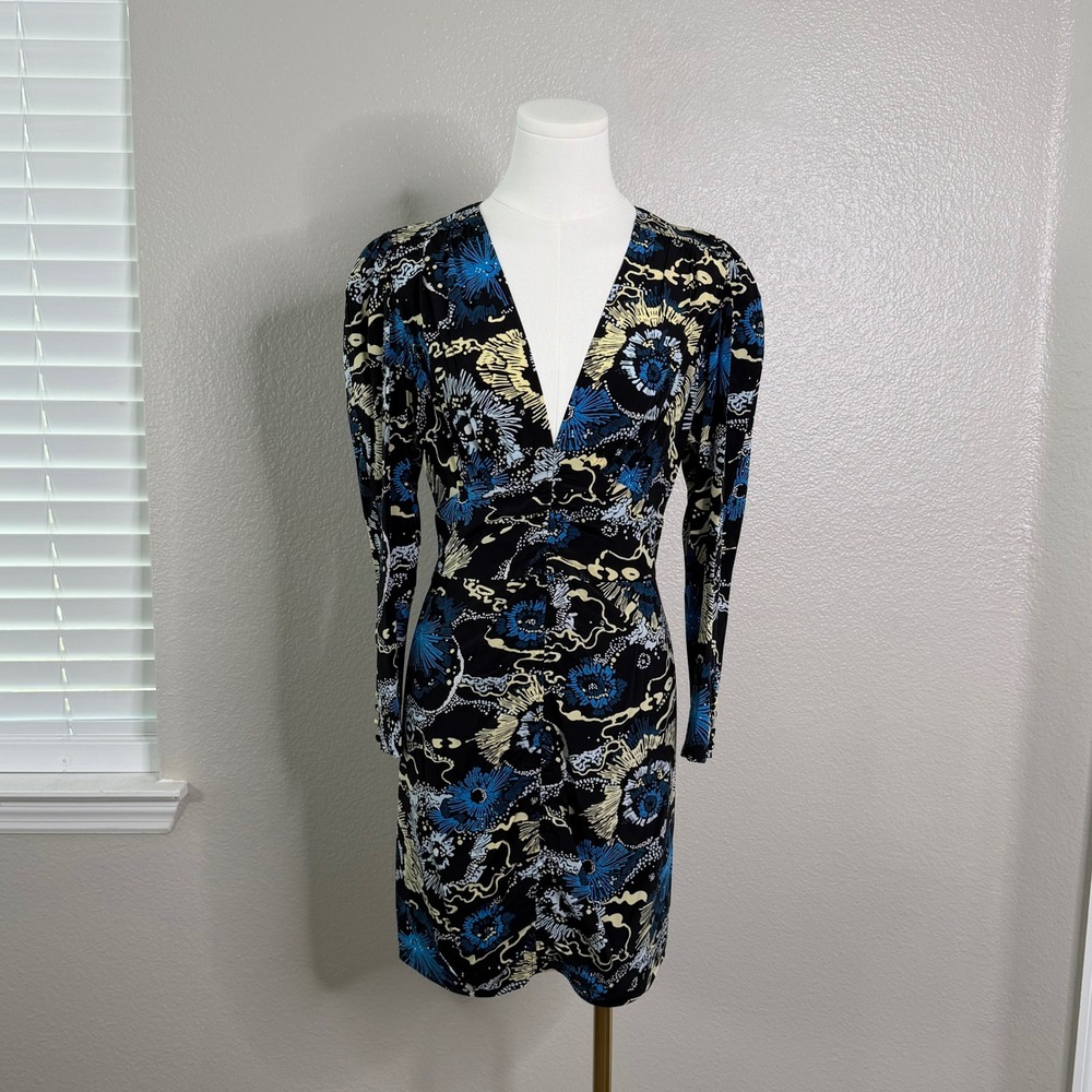 ALC Silk Mini Dress Floral VNeck Ruched Black Blue Long Sleeve Cocktail Sz 4 NWT - Picture 3 of 16
